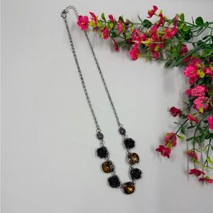 Gothic Style Black Rose Silver and Brown Crystal Accented Floral Necklace